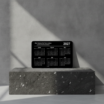 Gravierter Metall-Taschenkalender mit Wunschtext | Personalisierte Aluminium Karte 86x54mm | Schwarz Eloxiert
