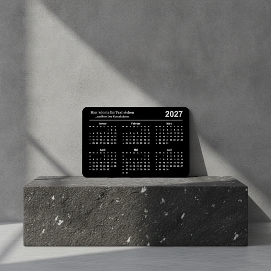 Gravierter Metall-Taschenkalender mit Wunschtext | Personalisierte Aluminium Karte 86x54mm | Schwarz Eloxiert
